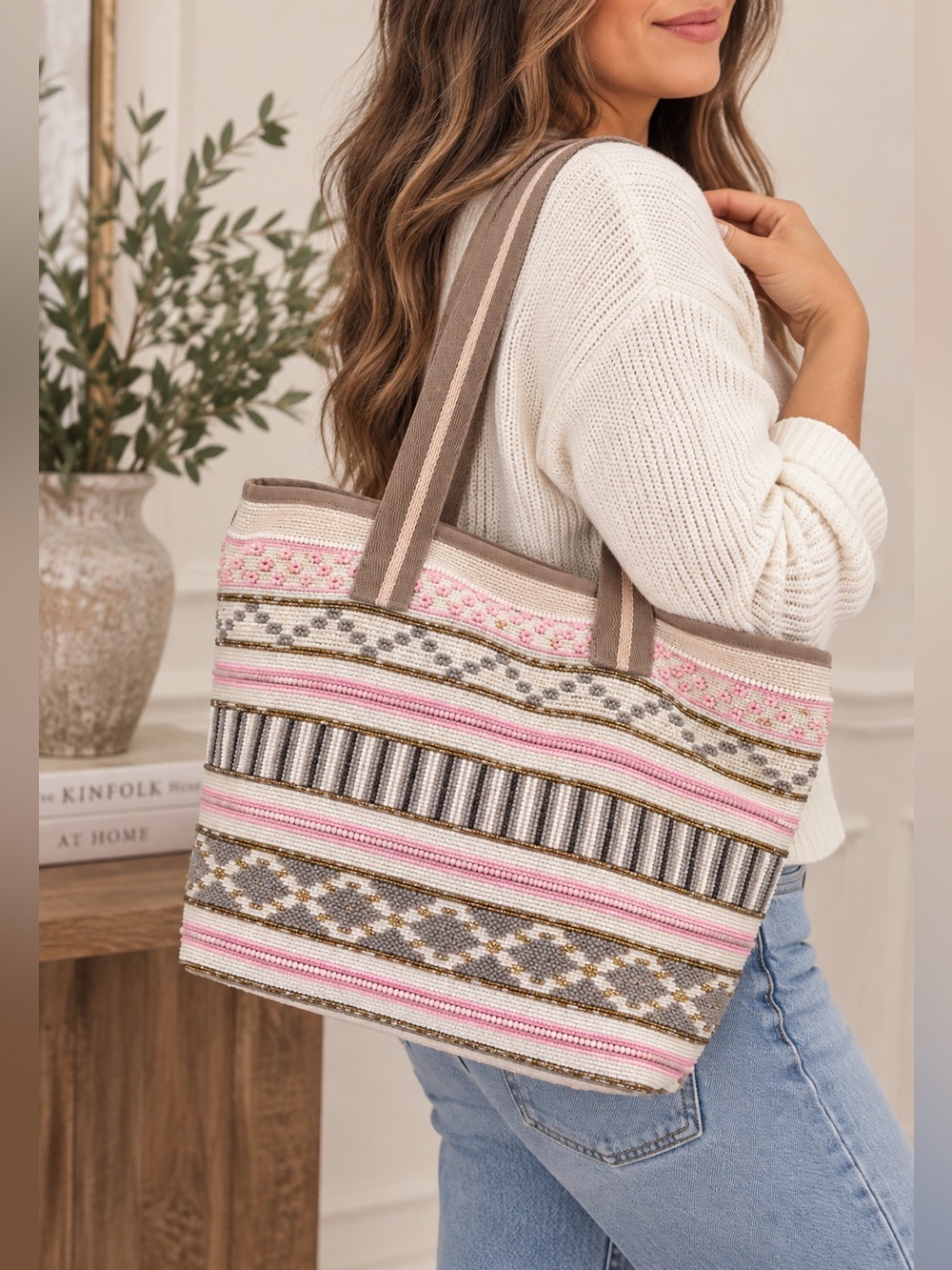 Stephanie Nicole New York Stylish Pink‎ & Gray Beaded Tote Bag